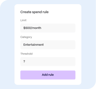 Create spend rule interface showing limit, category, threshold, and add rule button for AI platform management.
