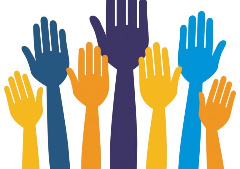 Illustration of raised hands in various colors, including blue, purple, and yellow, against a white background.