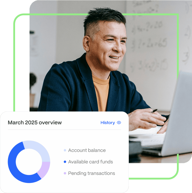 admin-real-time-dashboard Man smiling while looking at a computer screen, with an infographic displayed showing financial data for March 2025, including account balance and pending transactions.