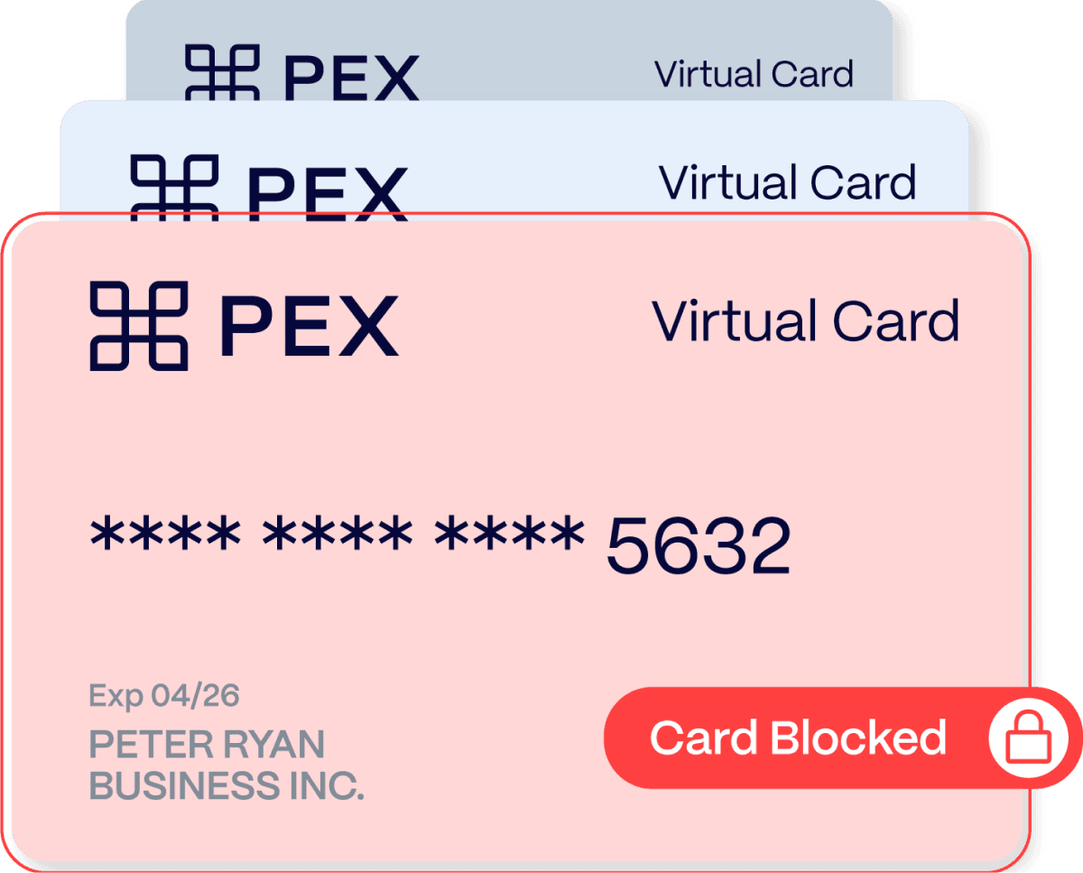 Three PEX virtual cards in a stack. The top two are light blue, the bottom one is red with number ending in 5632, labeled "Card Blocked.