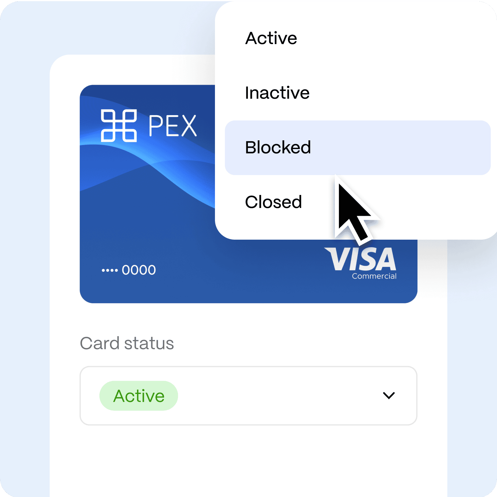 A digital interface shows a blue VISA card with a dropdown menu selecting "Blocked" as the card status; the card is currently labeled "Active.
