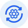 A blue gear icon with circular arrows around it, symbolizing process automation or synchronization.