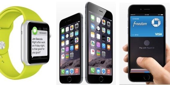 A smartwatch with a green band, two smartphones displaying apps, and a hand holding a phone with a digital card on the screen.