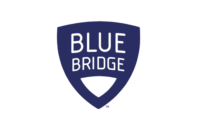 BlueBridge Alliance logo featuring the words "BLUE BRIDGE" in white, centered inside a dark blue shield on a white background.