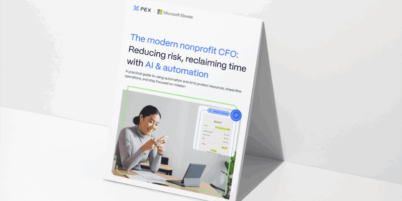 A brochure titled "The modern nonprofit CFO: Reducing risk, reclaiming time with AI & automation" featuring a woman using a laptop and a digital financial dashboard.