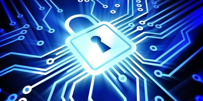 A glowing digital padlock is overlaid on blue circuitry, symbolizing digital security and data protection.