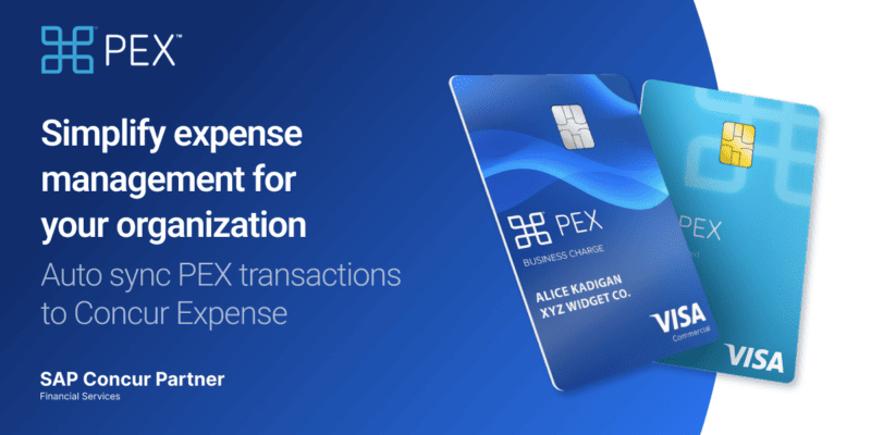 Two PEX Visa business charge cards on a blue background with text promoting expense management and integration with Concur Expense.