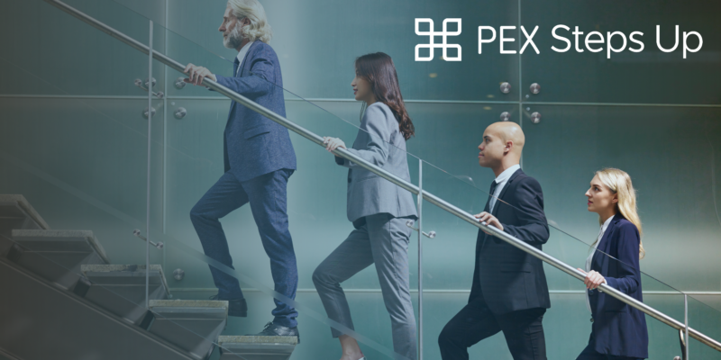 Four people in business attire walk up a set of stairs next to a glass wall, reminiscent of neatly arranged bento compartments, with the text "PEX Steps Up" in the upper right corner.