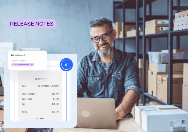 A man with glasses and a beard works on a laptop in a storage room with shelves and boxes; a digital receipt, “Release Notes” text, and GL-coding details are overlaid on the image.