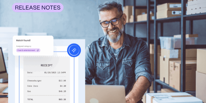 A man with glasses and a beard works on a laptop in a storage room with shelves and boxes; a digital receipt, “Release Notes” text, and GL-coding details are overlaid on the image.