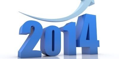 The image shows blue 3D numbers "2014" with an upward arrow symbolizing growth or progress.