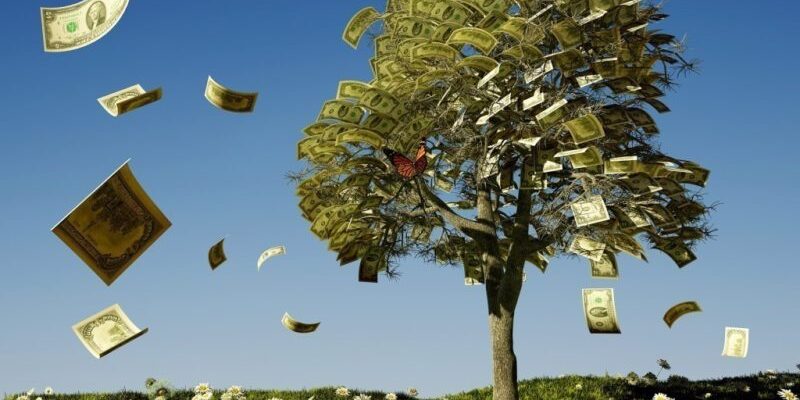 A tree grows on a grassy field, with branches made of dollar bills. Money seems to be falling from the tree, under a clear blue sky.