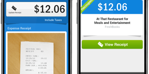 Two smartphone screens showing an expense tracking app. Left screen displays an uploaded receipt. Right screen shows expense details with date, amount, and options to view or manage the receipt.