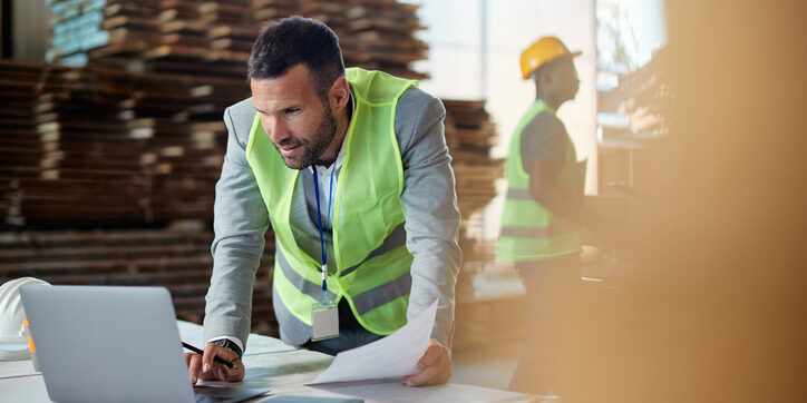 A man in a green safety vest works on a laptop while holding papers in a warehouse. Another person in a hard hat is visible in the background.