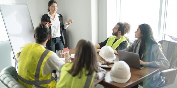 Businesswoman is talking about new project in the meeting room. Her team is sitting around a table and listening their manager carrefully.