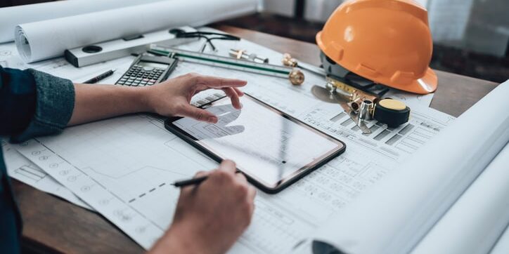 Person working on architectural plans with a tablet, surrounded by drafts, calculator, helmet, and drawing tools on a desk.