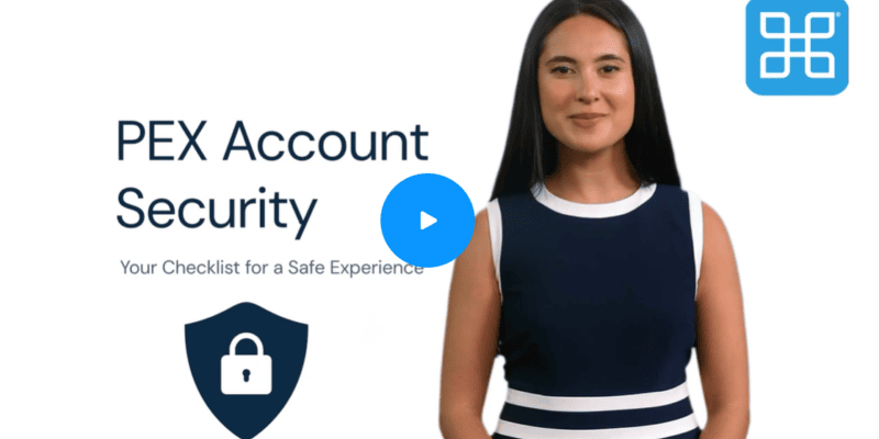 Woman standing next to text: "PEX Account Security: Your Checklist for a Safe Experience," with a padlock icon.