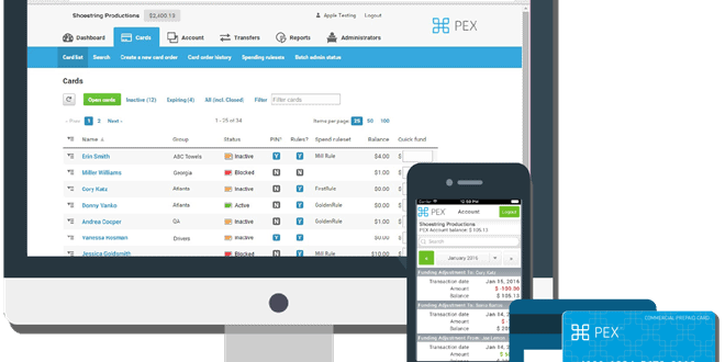 A computer and smartphone display the PEX dashboard showing transaction details, alongside a blue PEX Visa card.