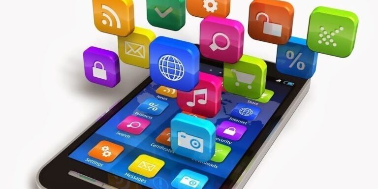 A smartphone displays colorful app icons floating above it, including social media, email, and settings.