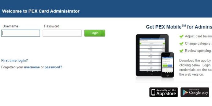 Login page for PEX Card Administrator featuring username and password fields, login button, and information about the PEX Mobile app for admins, with app store download links.