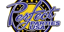 Logo with the text "Perfect Parties USA" in blue and white on a circular design with stars, set against a yellow background.
