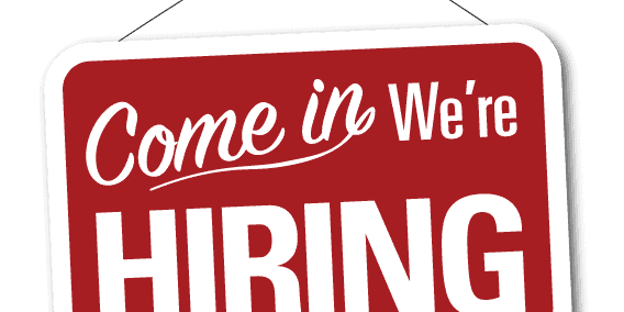 Red and white sign with the text: "Come in We're HIRING" on a black background.