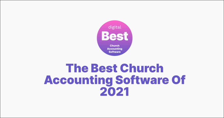 Graphic showcasing "The Best Church Accounting Software Of 2021" with a round pink and purple logo, featuring "Digital.com Best Church Accounting Software.