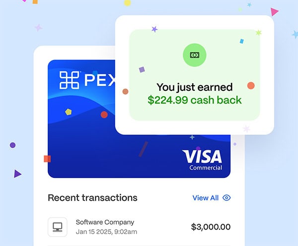 A notification shows a Visa Commercial card and states, “You just earned $224.99 cash back.” Below is a recent transaction for $3,000 from a software company.