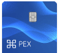 A blue PEX card with a chip, featuring a white logo and the text "PEX" on the lower left corner.