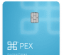 A blue PEX payment card featuring a visible chip and the white PEX logo in the lower left corner.