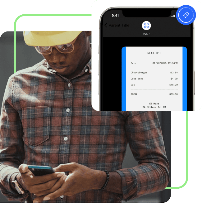cardholder-receipt-management Man in plaid shirt and hat using a smartphone. Overlay shows a smartphone screen with a receipt for a cheeseburger, Coke Zero, gas, and total cost from EZ Mart.