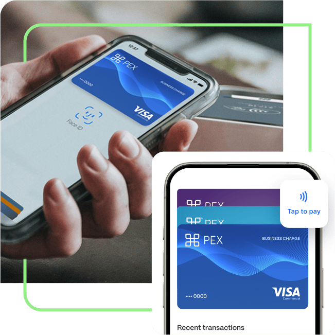 Person holding a smartphone with a contactless payment app open, featuring Visa card details. Another smaller image shows a close-up of a digital card.