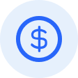 A blue dollar sign inside a circle on a light blue circular background.