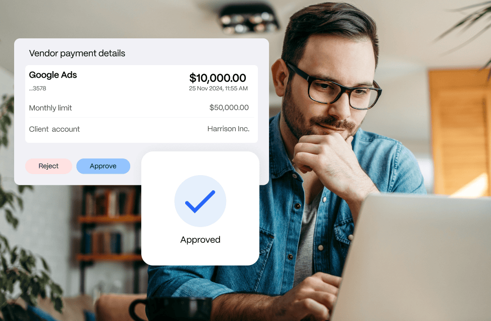 client-billing-allocation Man in glasses looking at laptop with overlay showing Google Ads payment details of $10,000.00, approved on November 25, 2024, with options to reject or approve.