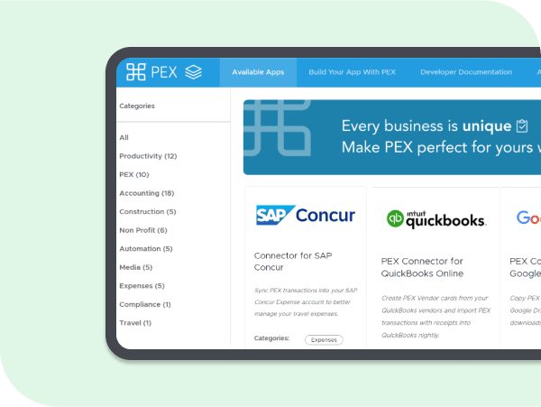 concur-marketplace Screenshot of a website section displaying integration options with apps like SAP Concur and QuickBooks. The sidebar lists categories for browsing.