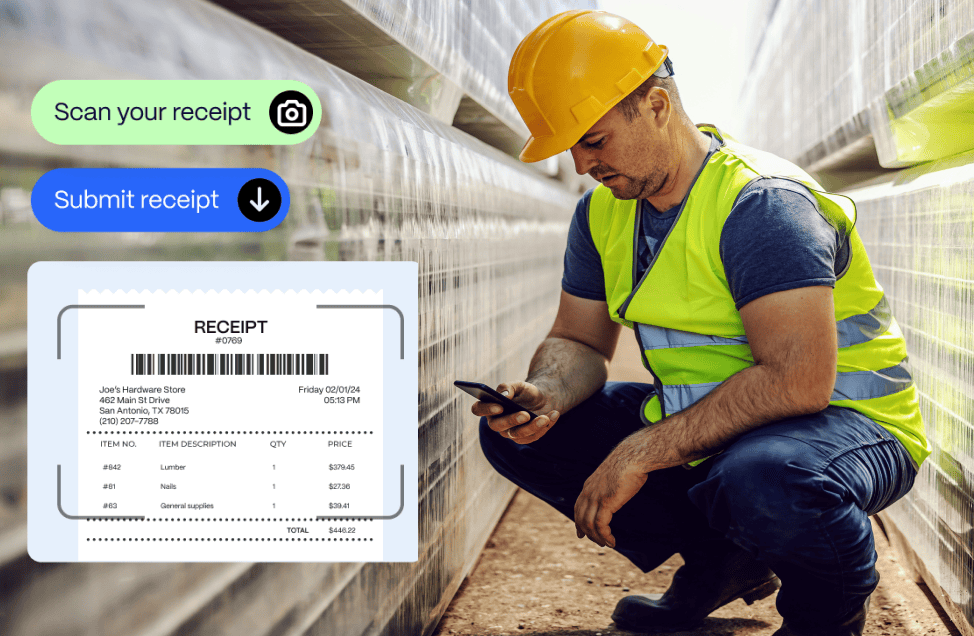 A construction worker in a yellow helmet and vest looks at his phone while crouching next to metal beams. An overlay shows a receipt and buttons labeled "Scan your receipt" and "Submit receipt.