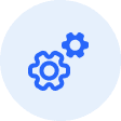 A blue gear icon and a flowchart icon are shown on a light blue circular background.