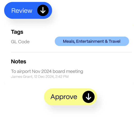 customize-approval-workflows Interface showing a "Review" button in blue, "Approve" button in yellow, and text fields for Tags and Notes related to a board meeting on December 12, 2024.