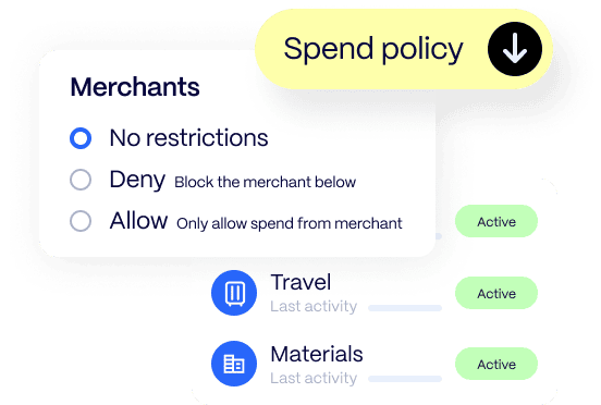 User interface showing spend policy options for merchants: No restrictions, Deny, Allow. Below are categories with Active status: Travel and Materials. .