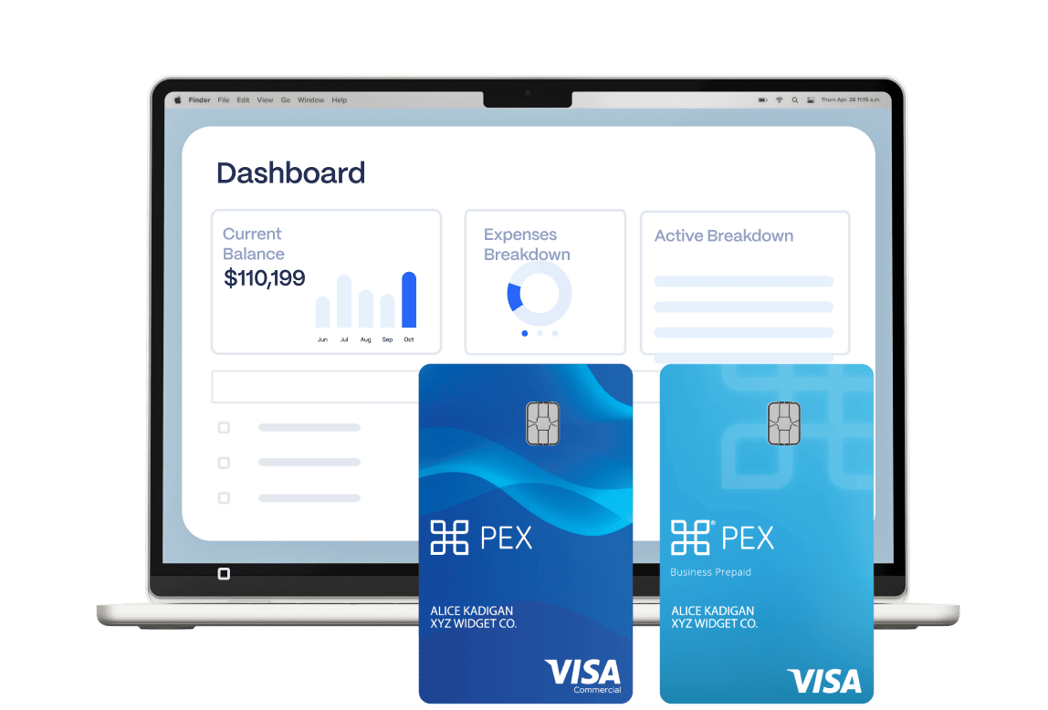 dashboard-v2 Laptop displaying a financial dashboard with two PEX Visa cards in front. Dashboard shows current balance, expenses breakdown, and active breakdown.