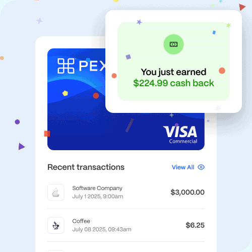 A digital notification states "You just earned $224.99 cash back" above a PEX Visa Commercial card and a list of recent transactions.