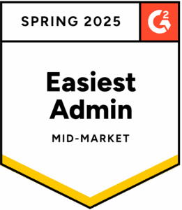 easiest-admin-mid-market-25 A badge labeled "Easiest Admin Mid-Market" for Spring 2025 from G2, featuring a yellow stripe at the bottom.