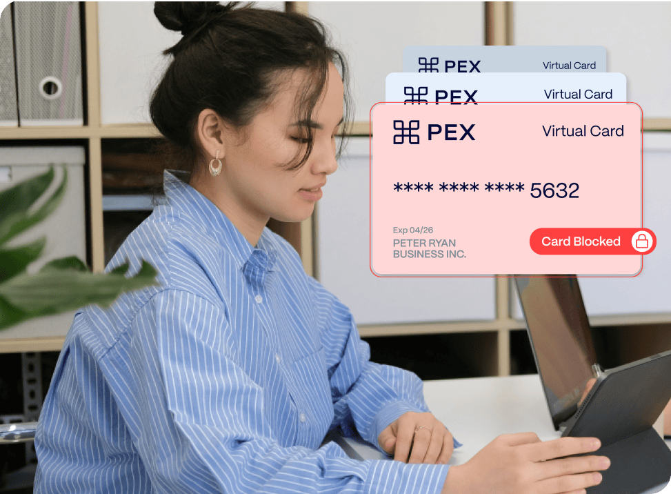 enterprise-reminders-card-blocking A person in a blue shirt looks at a tablet. Overlay shows a virtual card with the numbers obscured and marked "Card Blocked.