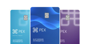 Three PEX payment cards with contactless chips are shown in blue, dark blue, and purple designs, each labeled with "PEX" and cardholder information.