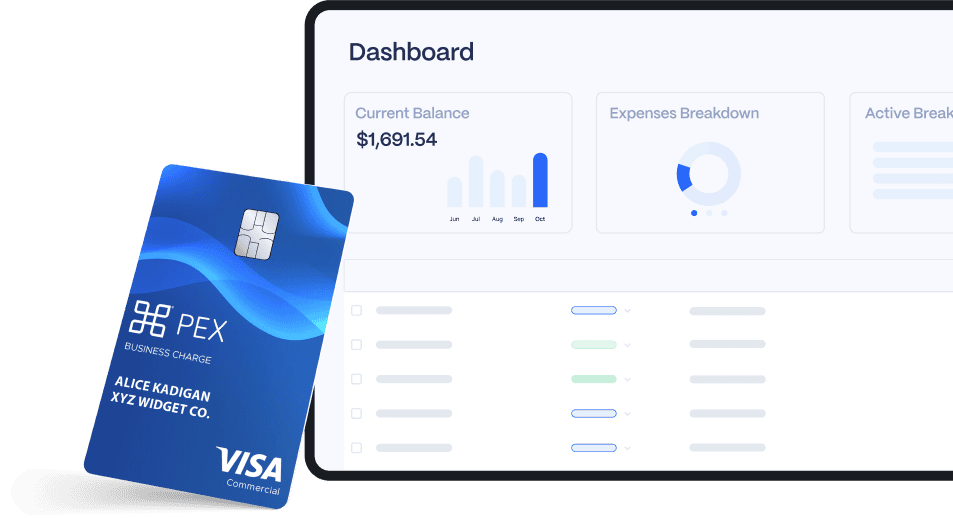 free-demo-comparison Blue PEX business charge card next to a dashboard display showing a current balance of $1,691.54, with expense breakdown charts.