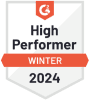 g2-high-performer-winter-2024 Badge displaying "High Performer Winter 2024" with an orange ribbon and white background.