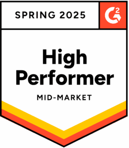 high-performer-mid-market-25 A badge displaying "G2 Spring 2025 High Performer Mid-Market" with orange, yellow, and red accent lines at the bottom.