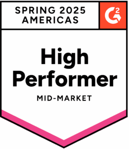 high-performer-mid-market-25-americas G2 badge displaying "Spring 2025 Americas High Performer Mid-Market" with a pink border at the bottom.