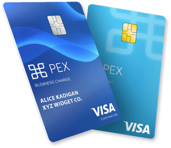 i2-two-cards-charge-exp 1-topaz-high fidelity v2-2x 2 Two blue Visa business credit cards with chips, one labeled PEX Business Charge, the other PEX Commercial.