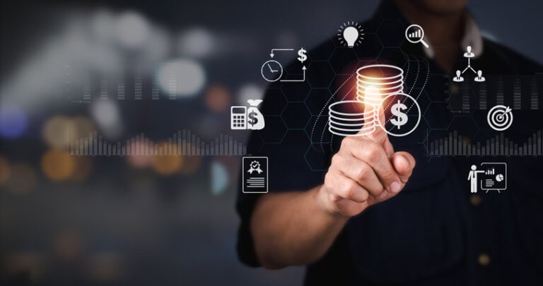 Budget and financial planning concept including a management or executive CFO estimating the company's yearly income and costs. Corporate finance and the annual strategy plan A person engages with virtual icons, including currency symbols, charts, and business graphics on a digital interface, expertly navigating cash flow management.